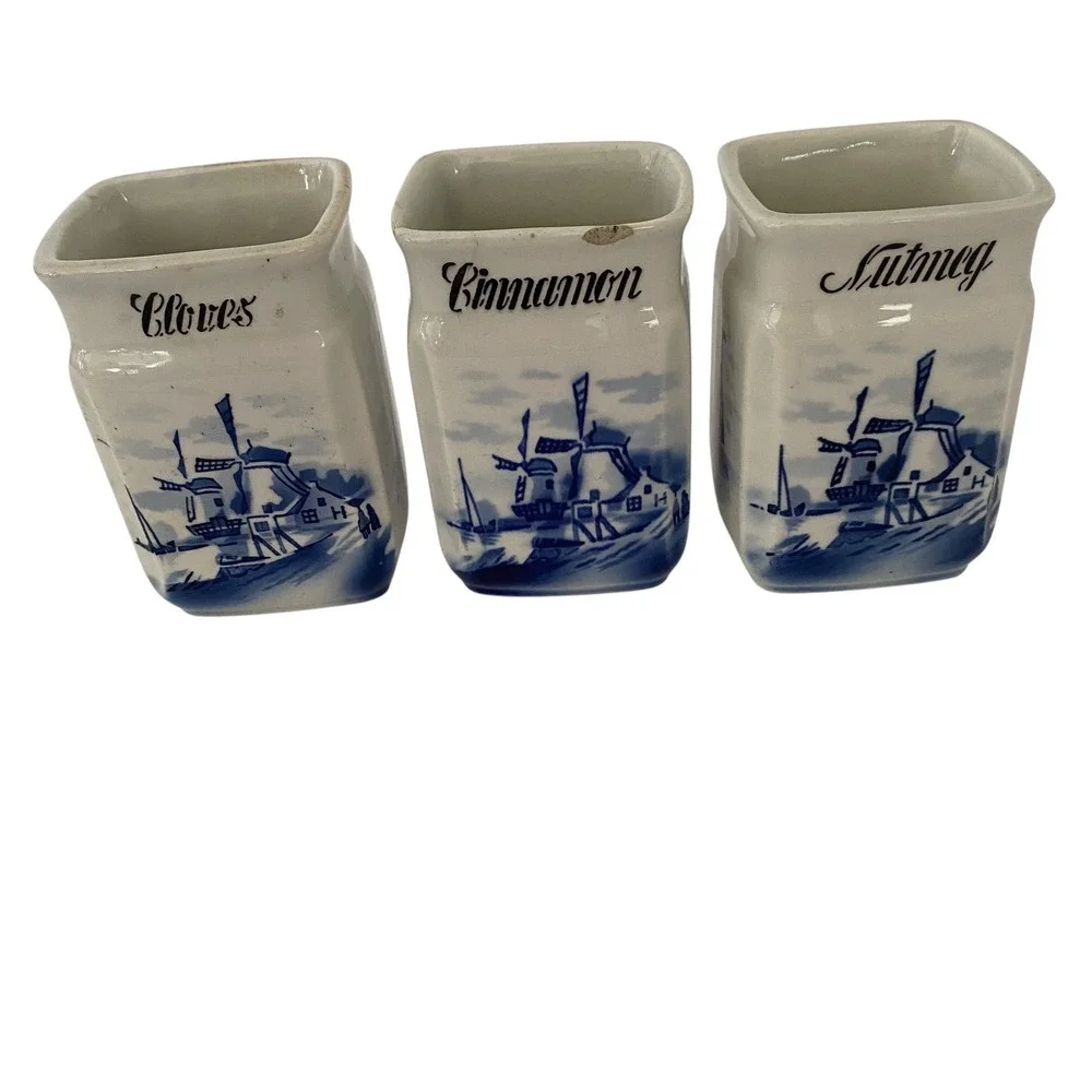 Vintage A.W. Germany Delft Style Blue White Ceramic Spice Jars Set of 3 Windmill